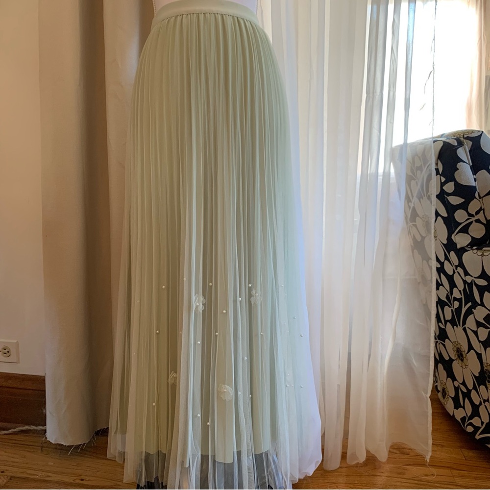 Pleated Tulle Maxi Skirt in Pale Sage